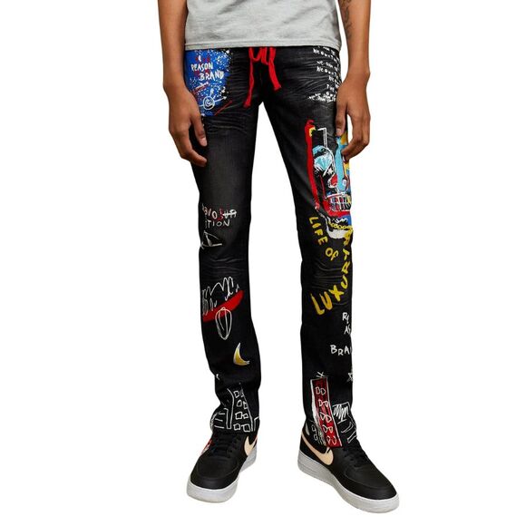 Reason Life of Luxury Graphic Print Skinny Jeans Men’s 42x32 Black Stretch Denim - Picture 4 of 8